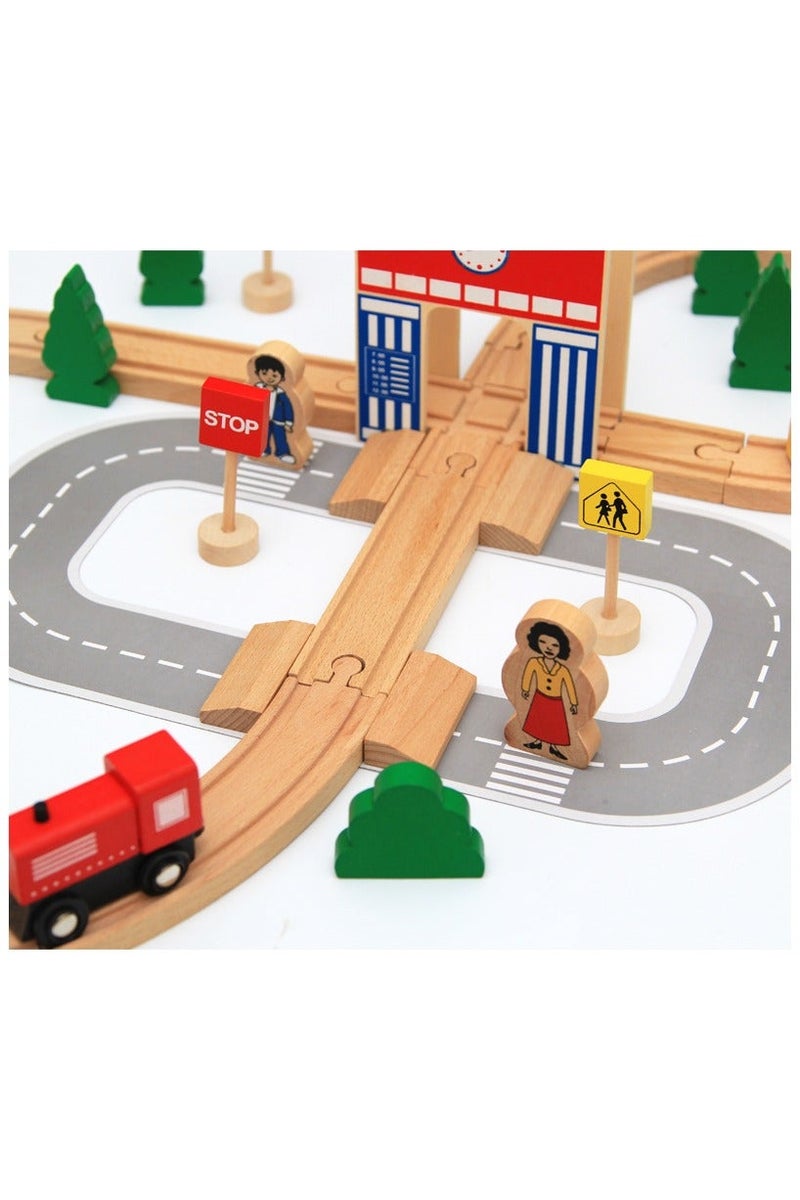 Wooden Train Set for Kids – 50 PCS Railway Track with Station, Figures & Signs | Montessori Educational Toy for Ages 3+ | Natural Safe Wood - Image 5